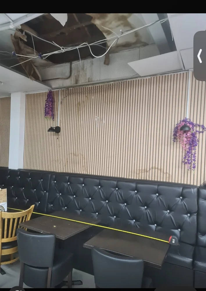 Emergency collapsed ceiling at a commercial restaurant before repair